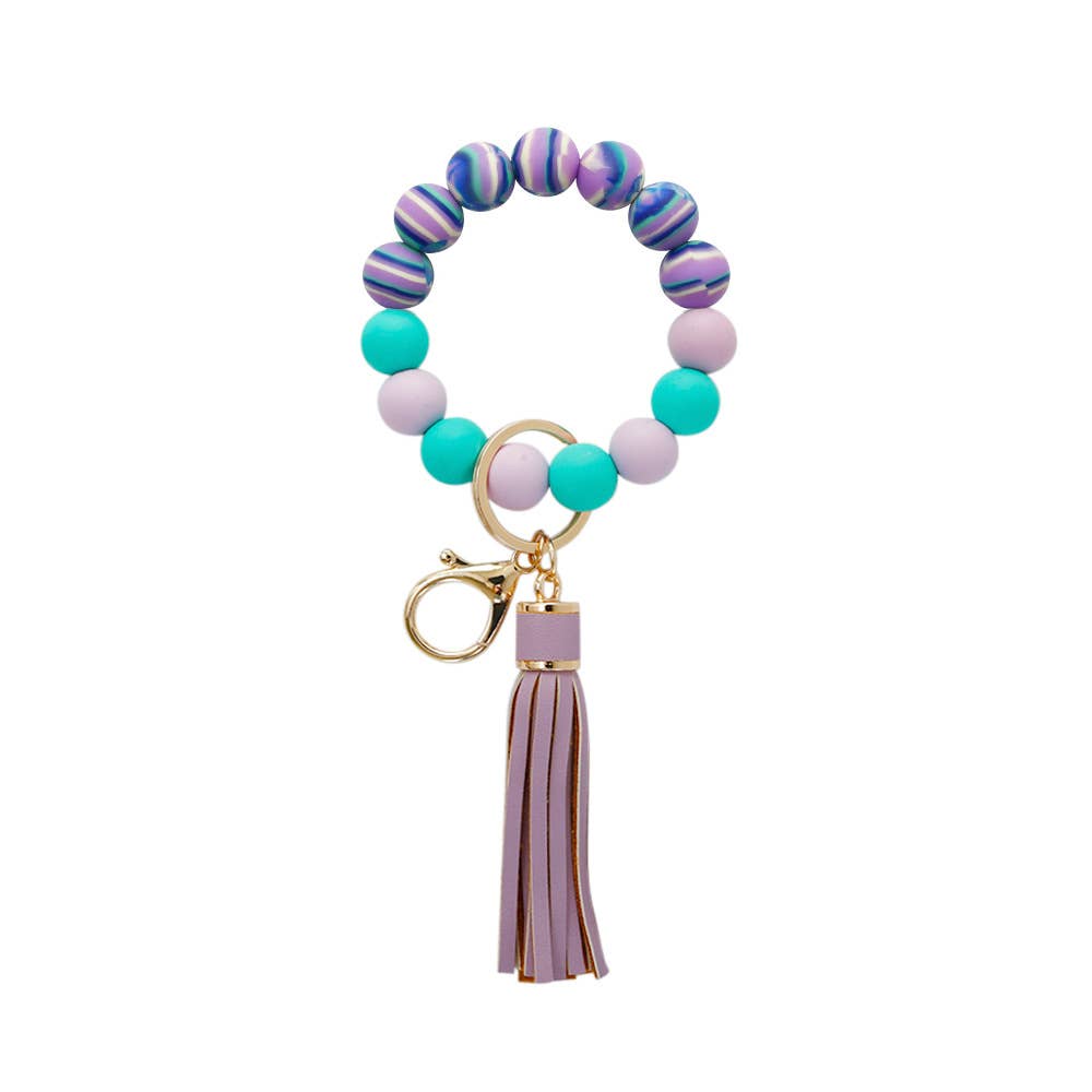 Silicone Bead Bracelet Keychain in Purple Swirl