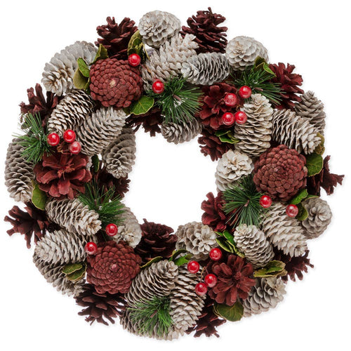 Dried Pinecone Wreath Red/wh With Red Berries ~ 14" Dia