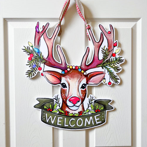 Holiday Deer Welcome Door Hanger-Christmas Rudolph Decor