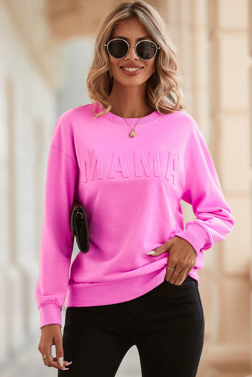 Bright Pink MAMA Letter Embossed Casual Sweatshirt: Bright Pink