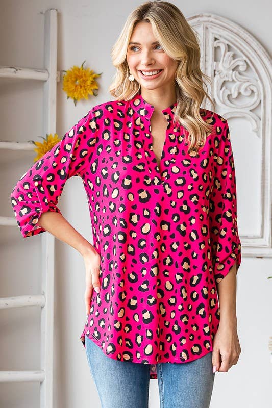 Leopard Animal Print  Rolled Button Sleeve Top ~ Fuchsia