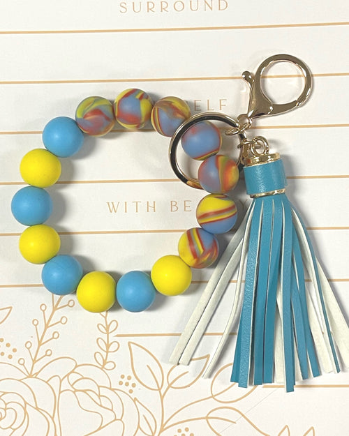 Silicone Bead Bracelet Keychain in Blue Twist