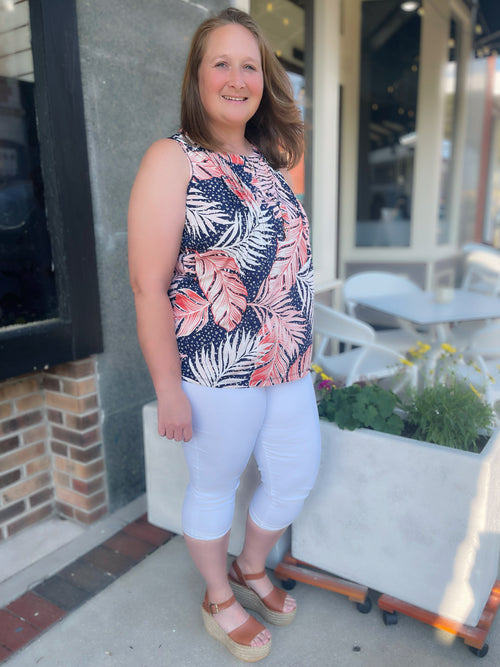 Moira ~ Leaf Printed Pintuck Sleeveless Top