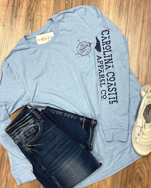 “Set The Course”  Heather Bay Blue Long Sleeve T-Shirt by Carolina Coastie