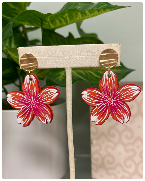 Hibiscus Dangle Earrings ~ Coral