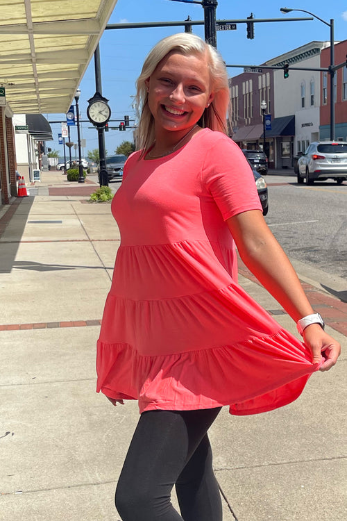 Sienna ~ Neon Coral Pink Short Sleeve Tiered Ruffle Tunic