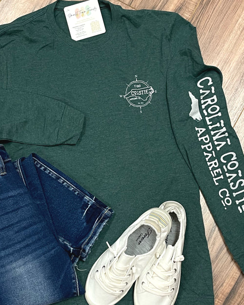“Set The Course”  Heather Forest Green Long Sleeve T-Shirt by Carolina Coastie