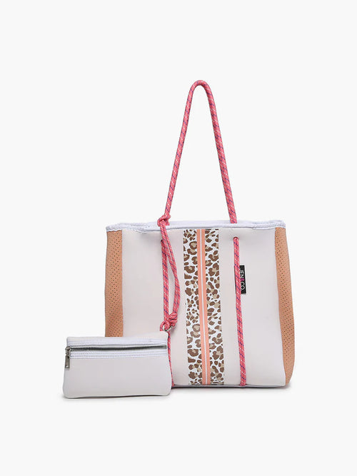 Meribella~Printed/Striped Neoprene Tote - Cheetah Coral